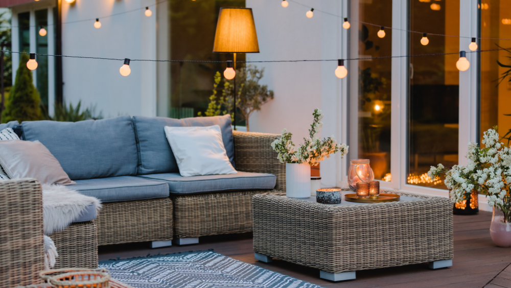Beautiful outdoor couches, warm lighting on a summer night.