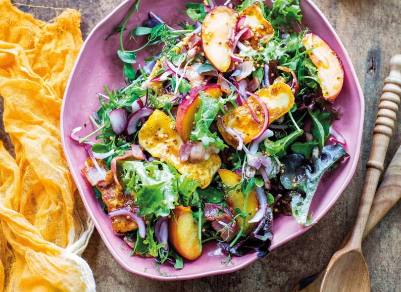 Grilled peach, crispy bacon and halloumi salad.