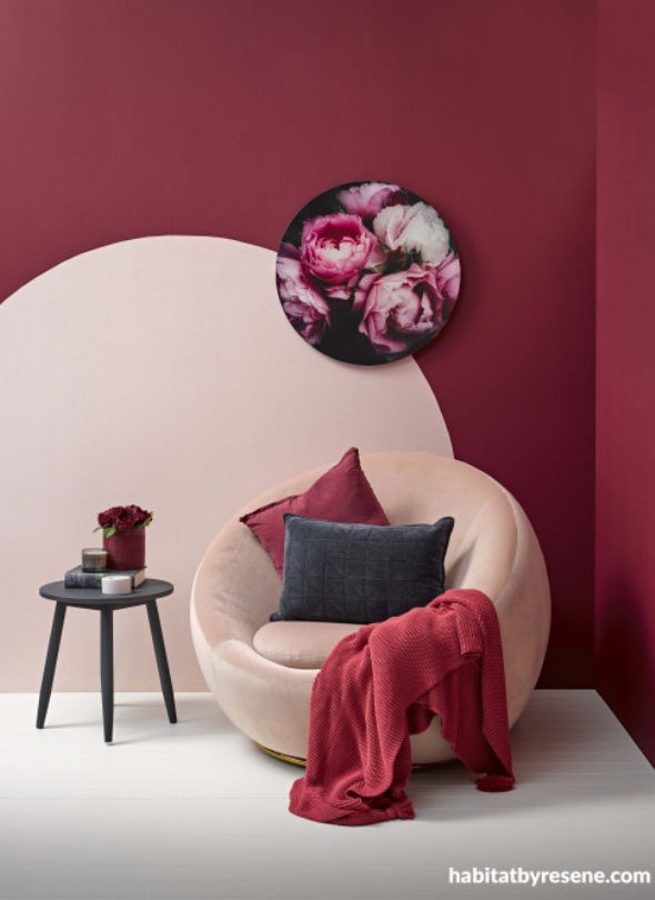 Red and pink snug reading nook from Resene Habitat.