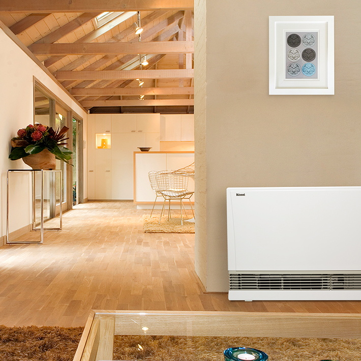 Flued gas space heater in home